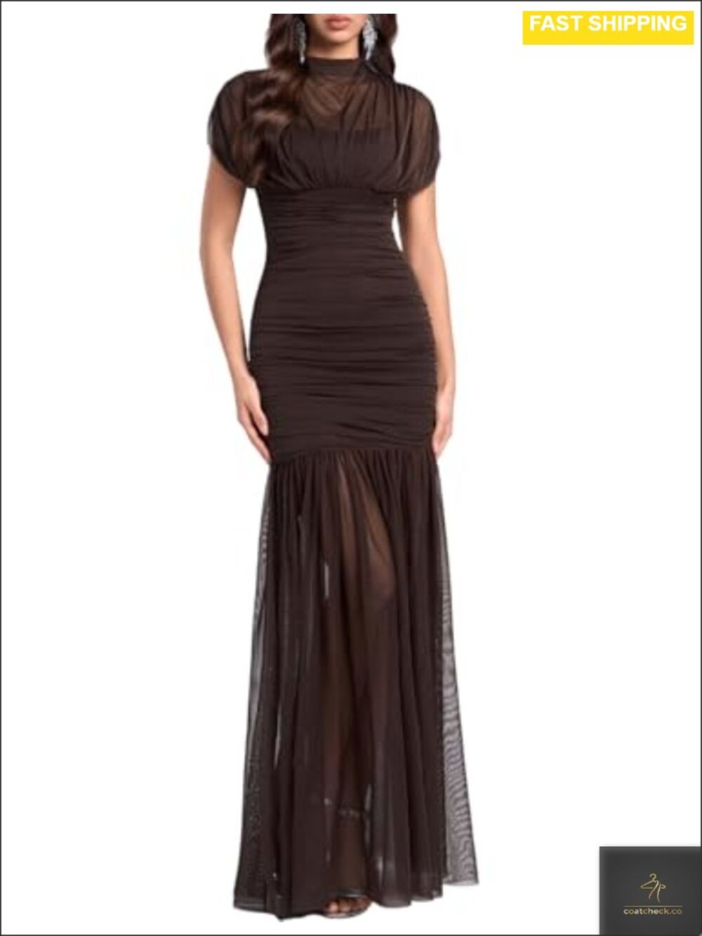 Sleeveless High Neck Ruched Bodycon Long Formal Evening Dress Mesh Hem